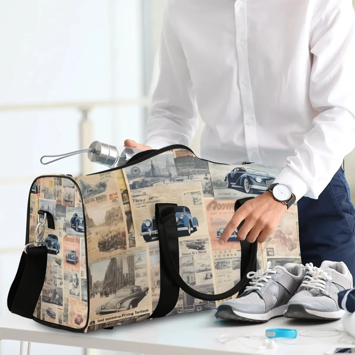 Travel Duffle Bag Retro Car Theme Gym Bags for Men Women Travel Duffel Bags with Adjustable Shoulder Strap Carry On Weekender Bag