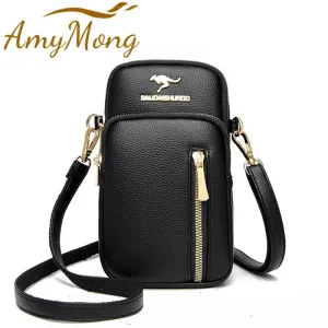 Trendy PU Leather Crossbody Phone Bag with Gold Accents