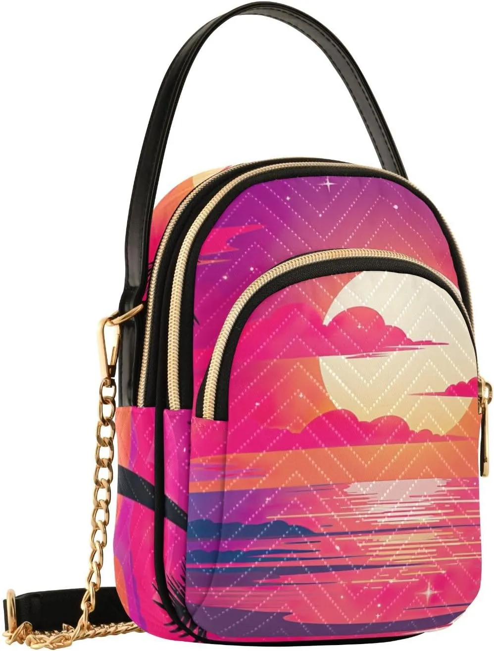 Tropical Beach Sunset with Vegetation Womens Crossbody Shoulder Bag, Three Zipper Crossbody Bags for Women