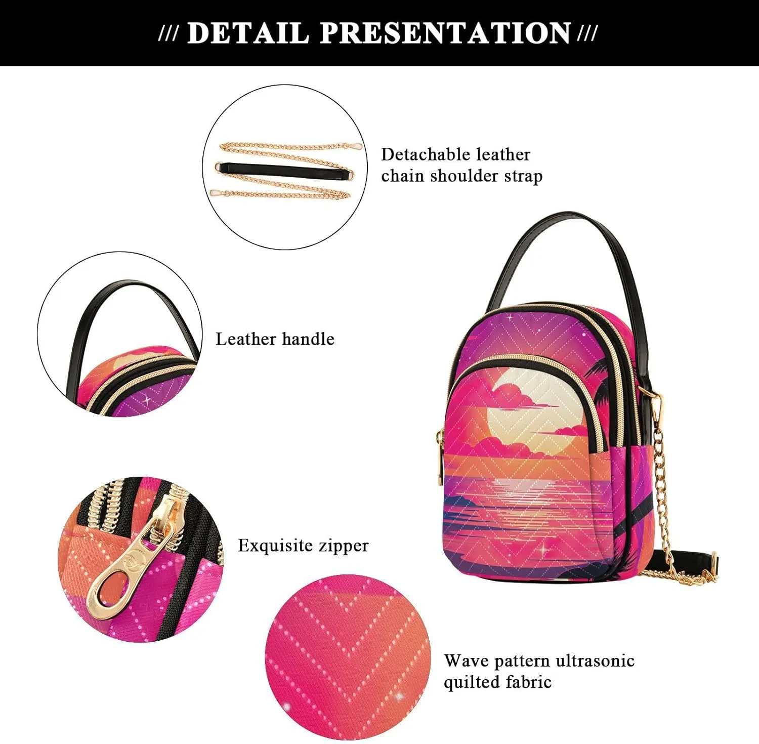Tropical Beach Sunset with Vegetation Womens Crossbody Shoulder Bag, Three Zipper Crossbody Bags for Women