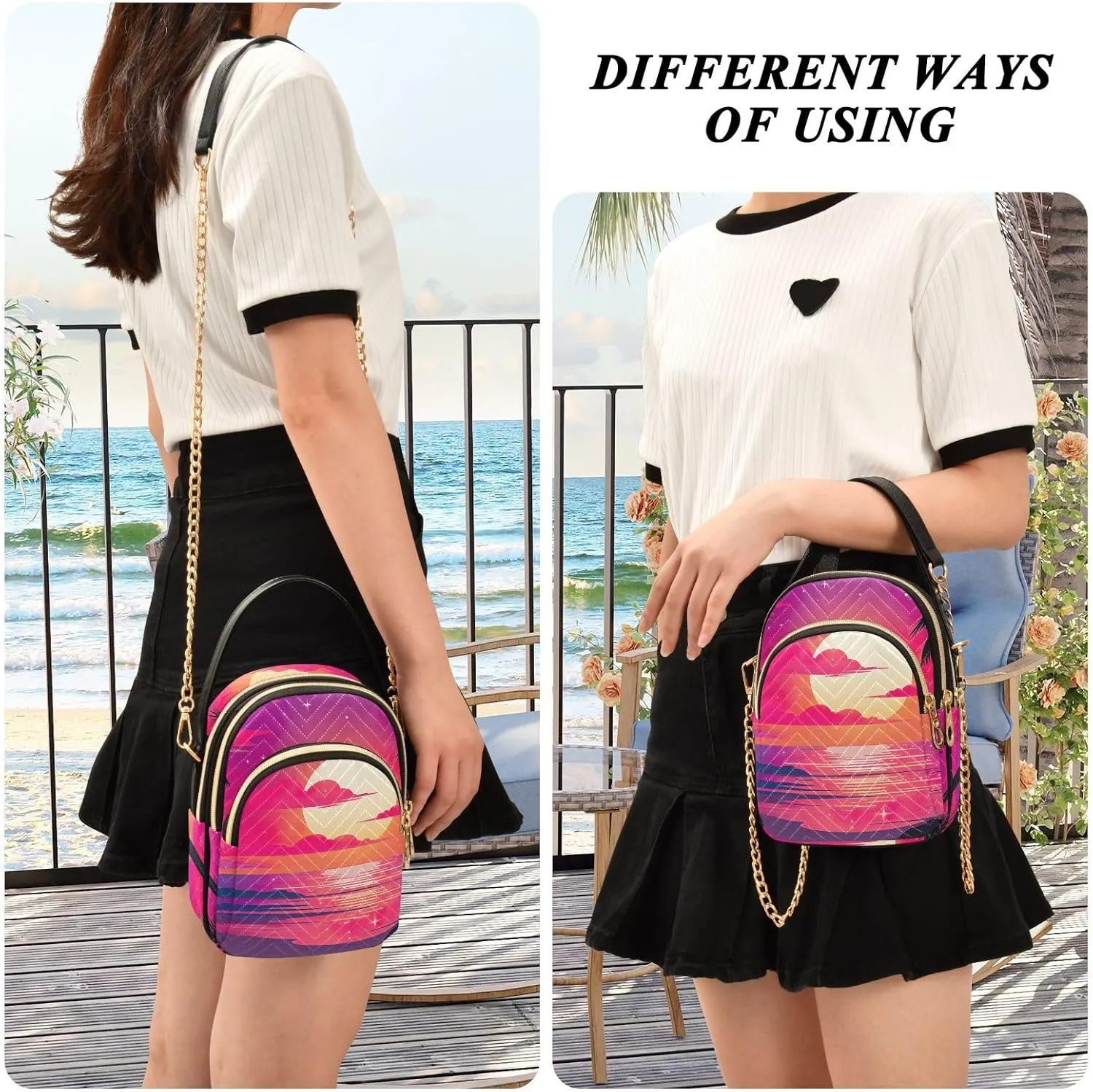 Tropical Beach Sunset with Vegetation Womens Crossbody Shoulder Bag, Three Zipper Crossbody Bags for Women