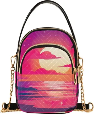Tropical Beach Sunset with Vegetation Womens Crossbody Shoulder Bag, Three Zipper Crossbody Bags for Women