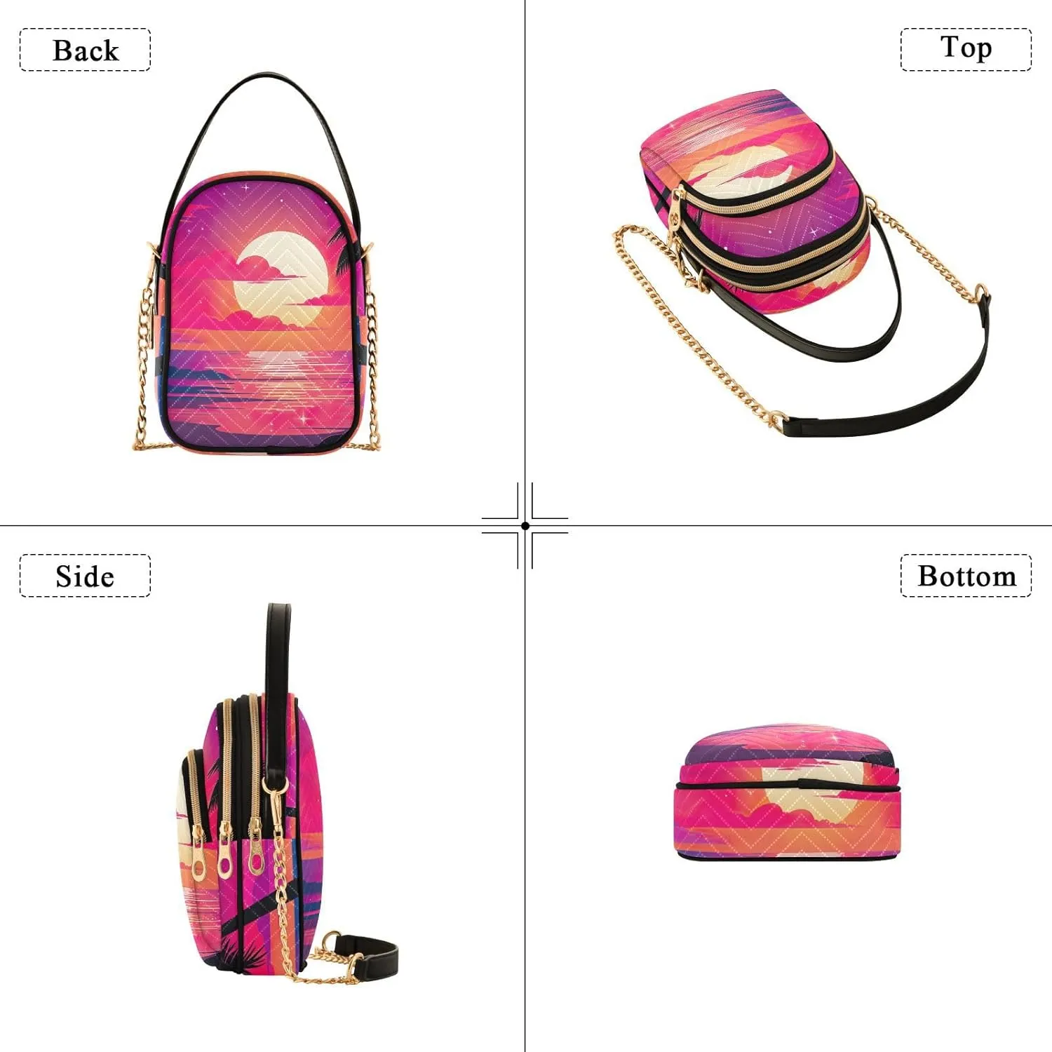 Tropical Beach Sunset with Vegetation Womens Crossbody Shoulder Bag, Three Zipper Crossbody Bags for Women