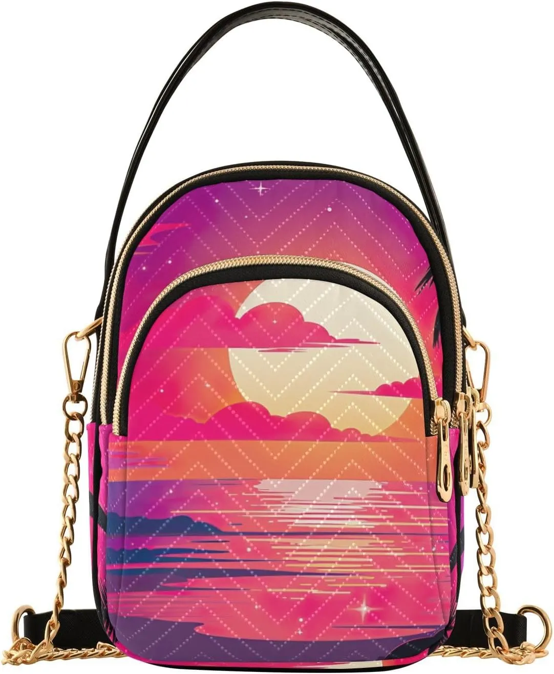 Tropical Beach Sunset with Vegetation Womens Crossbody Shoulder Bag, Three Zipper Crossbody Bags for Women