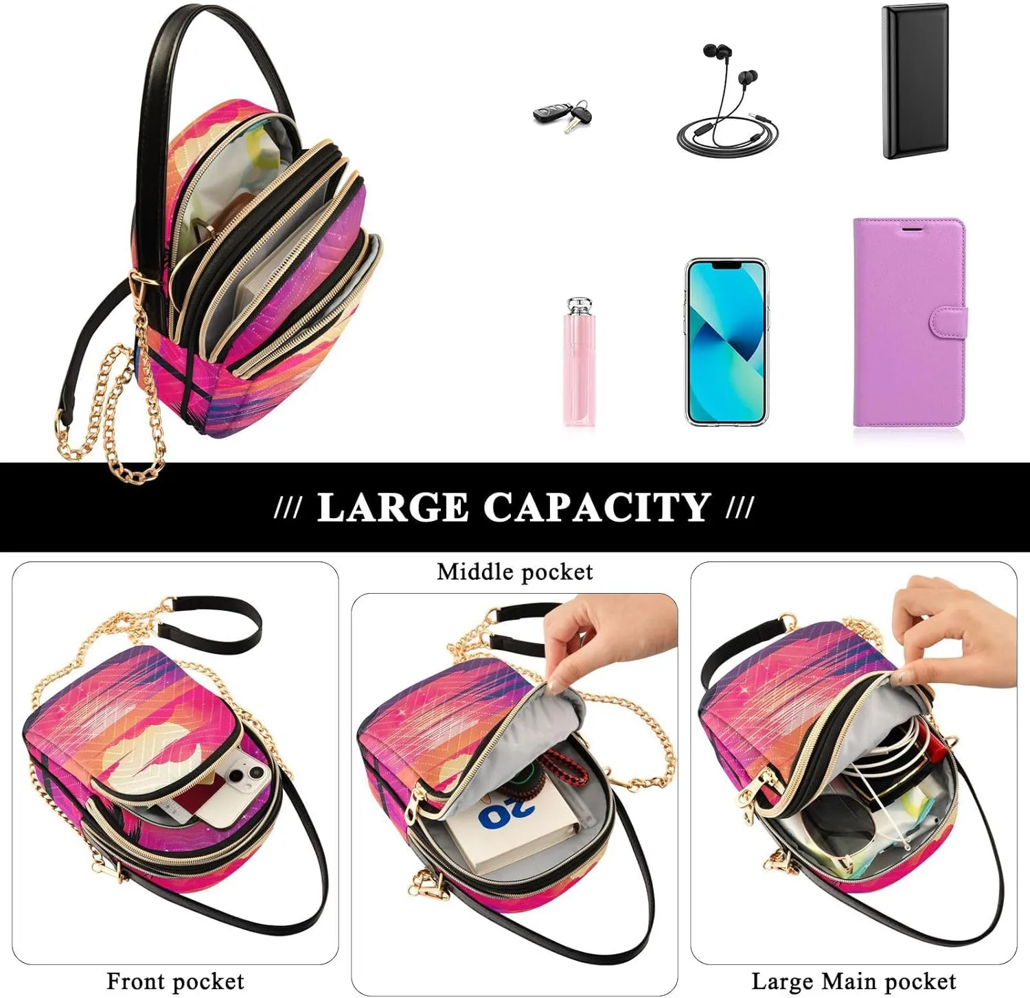 Tropical Beach Sunset with Vegetation Womens Crossbody Shoulder Bag, Three Zipper Crossbody Bags for Women