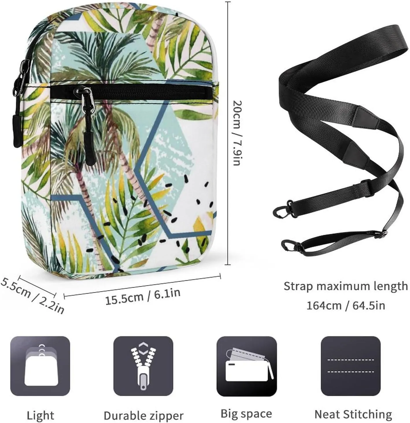 Tropical Leaves and Palm Trees Geometric Shapes Hexagons Marbling Adjustable Fanny Waist Pack Pouch, Waterproof Crossbody Runners Bag Wallet for Gym Hiking Fitness Women Men 6.1 x 2.2 x 7.9 inch
