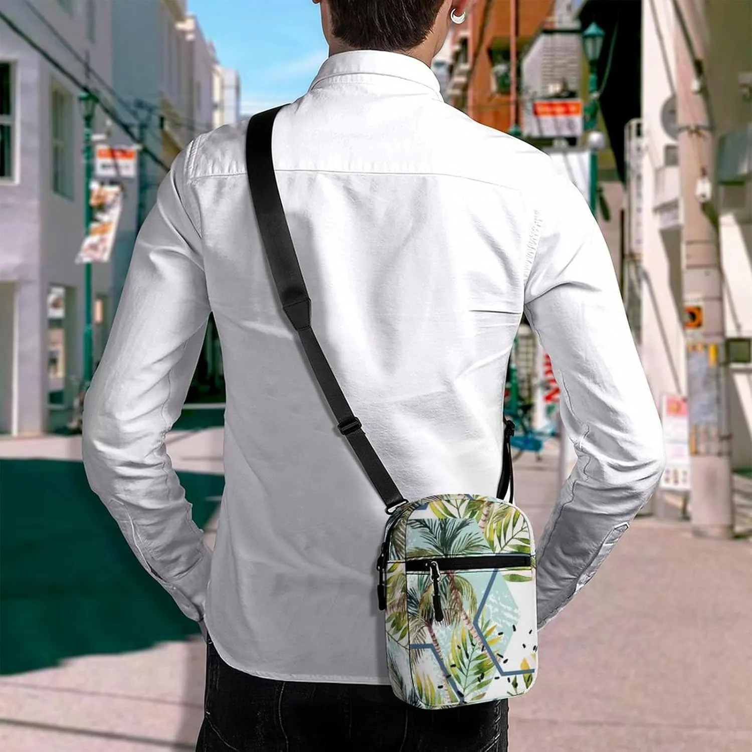 Tropical Leaves and Palm Trees Geometric Shapes Hexagons Marbling Adjustable Fanny Waist Pack Pouch, Waterproof Crossbody Runners Bag Wallet for Gym Hiking Fitness Women Men 6.1 x 2.2 x 7.9 inch