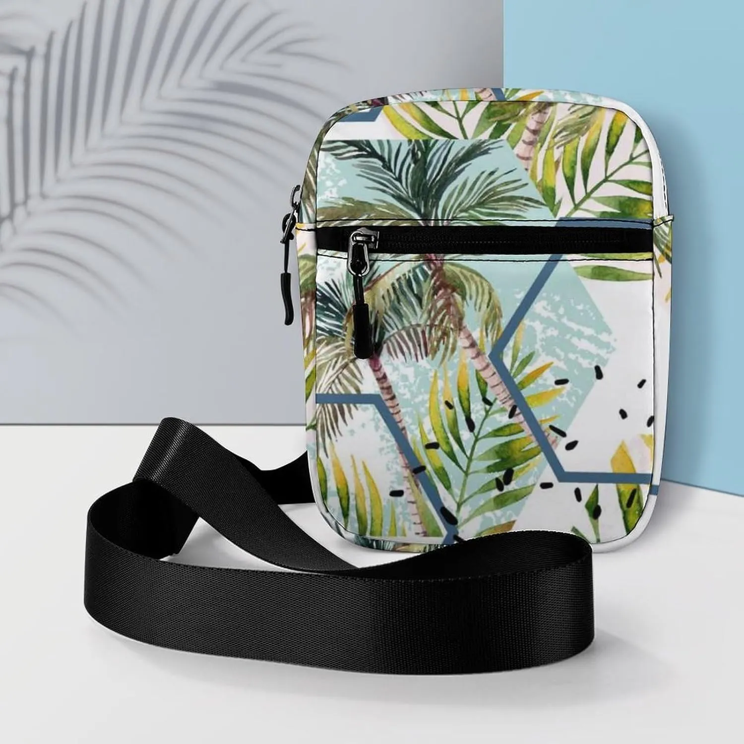 Tropical Leaves and Palm Trees Geometric Shapes Hexagons Marbling Adjustable Fanny Waist Pack Pouch, Waterproof Crossbody Runners Bag Wallet for Gym Hiking Fitness Women Men 6.1 x 2.2 x 7.9 inch