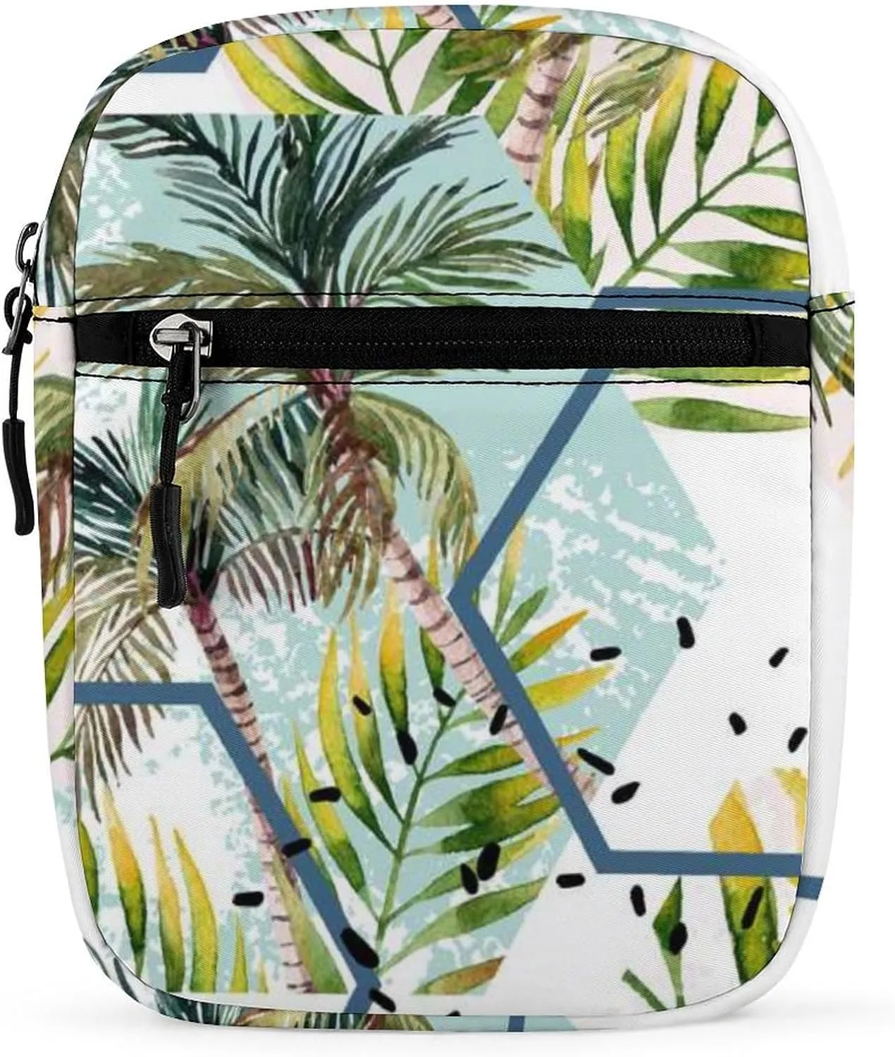 Tropical Leaves and Palm Trees Geometric Shapes Hexagons Marbling Adjustable Fanny Waist Pack Pouch, Waterproof Crossbody Runners Bag Wallet for Gym Hiking Fitness Women Men 6.1 x 2.2 x 7.9 inch