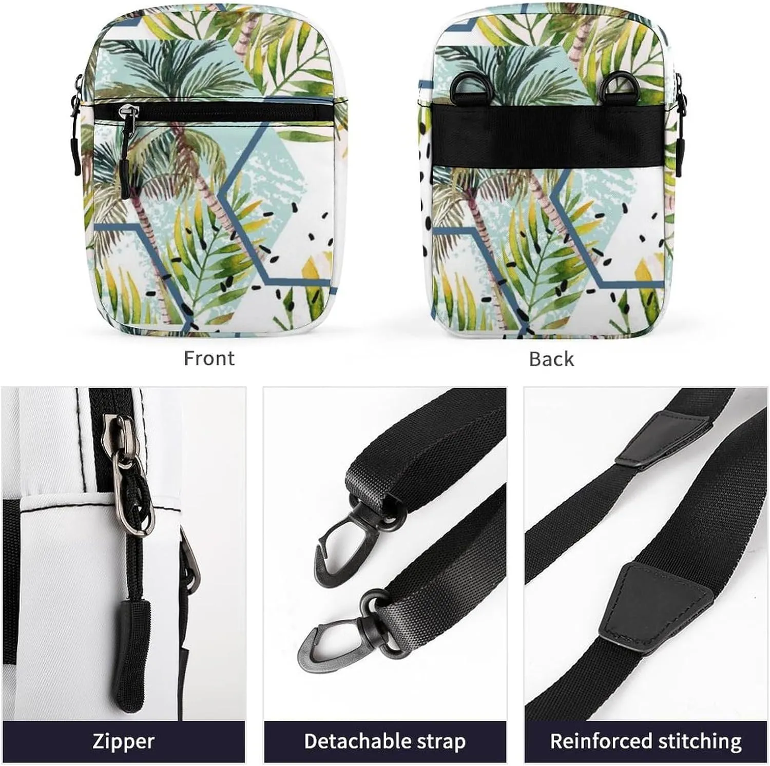 Tropical Leaves and Palm Trees Geometric Shapes Hexagons Marbling Adjustable Fanny Waist Pack Pouch, Waterproof Crossbody Runners Bag Wallet for Gym Hiking Fitness Women Men 6.1 x 2.2 x 7.9 inch
