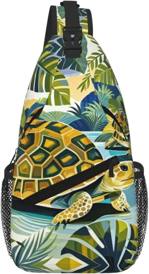 Tropical Tortoises Print Sling Bag for Women Men Crossbody, Cute Large Casual Chest Pack for Travel, Work, Hiking