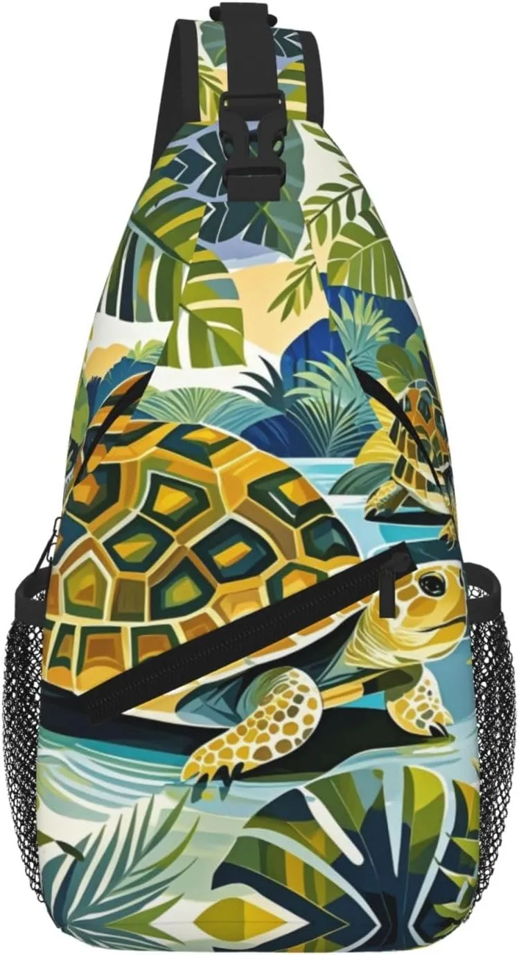 Tropical Tortoises Print Sling Bag for Women Men Crossbody, Cute Large Casual Chest Pack for Travel, Work, Hiking