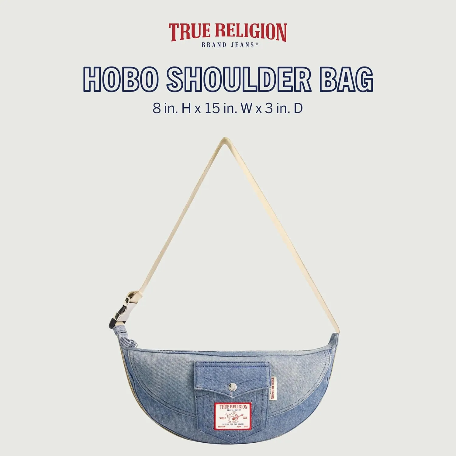True Religion Women's Shoulder Bag Purse, Washed Denim Medium Hobo Handbag with Adjustable Strap