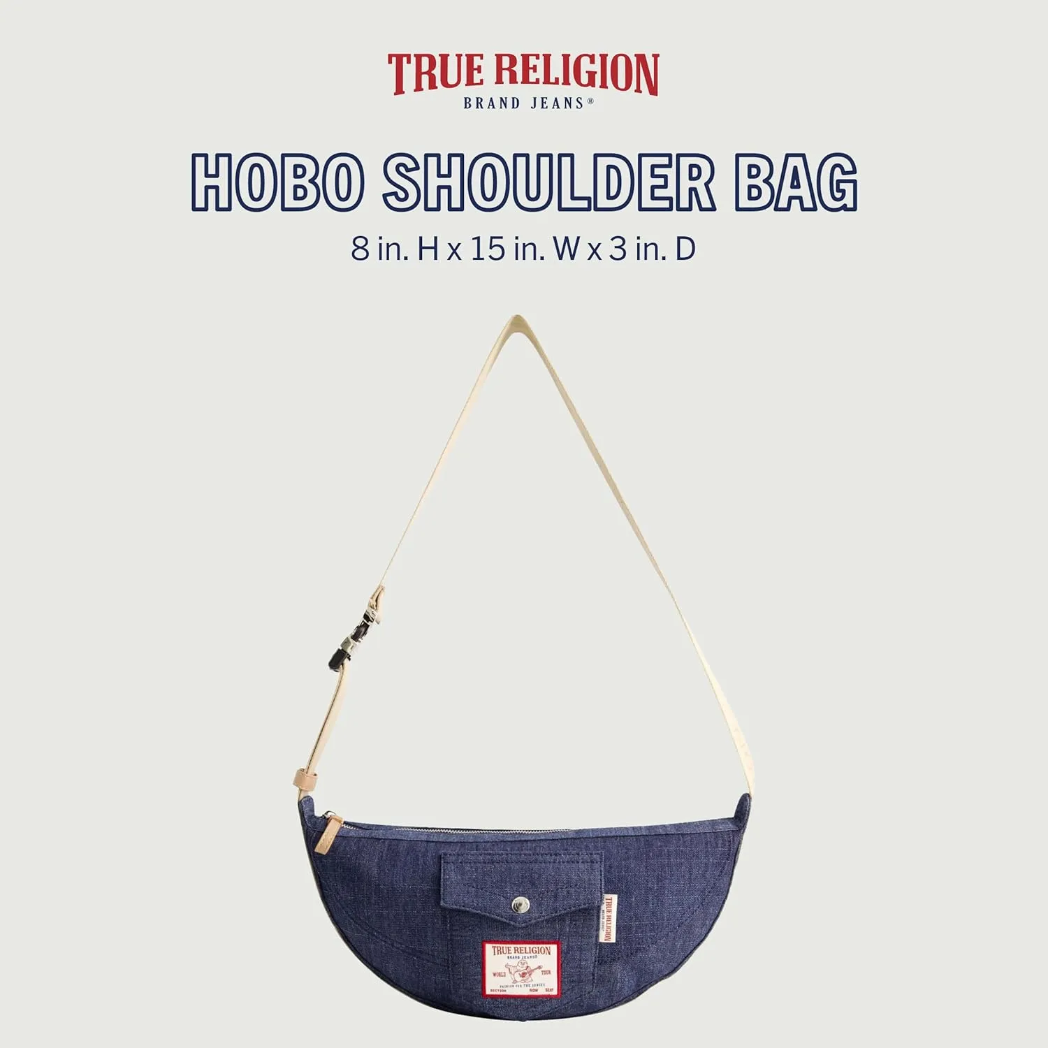 True Religion Women's Shoulder Bag Purse, Washed Denim Medium Hobo Handbag with Adjustable Strap
