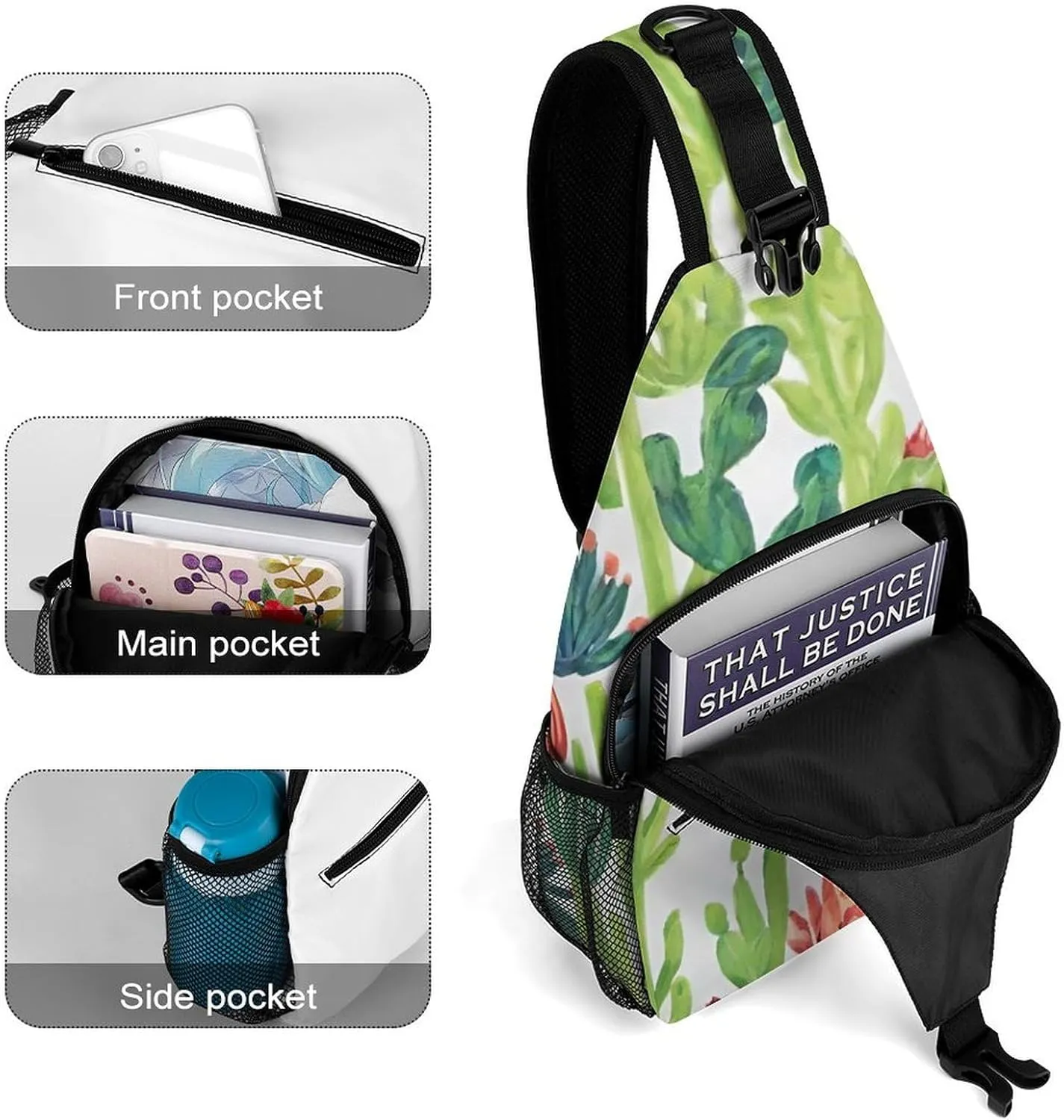 Ultra Lightweight Sling Backpack Cross Body Sling Backpack Multipurpose Anti-Theft Bag for Hiking Cycling Walking Dog Bicycle Travel, Cactus Succulents Art