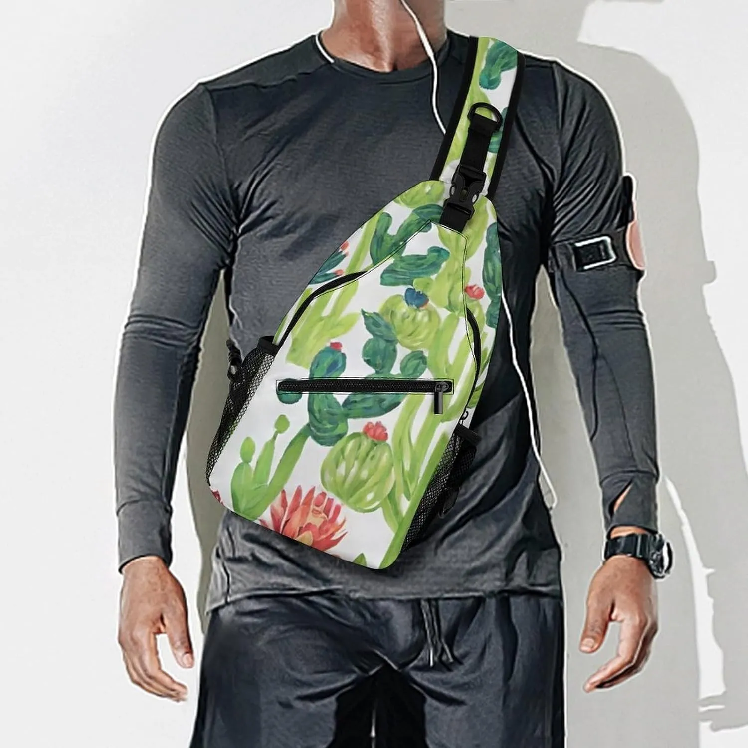 Ultra Lightweight Sling Backpack Cross Body Sling Backpack Multipurpose Anti-Theft Bag for Hiking Cycling Walking Dog Bicycle Travel, Cactus Succulents Art