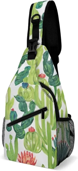 Ultra Lightweight Sling Backpack Cross Body Sling Backpack Multipurpose Anti-Theft Bag for Hiking Cycling Walking Dog Bicycle Travel, Cactus Succulents Art