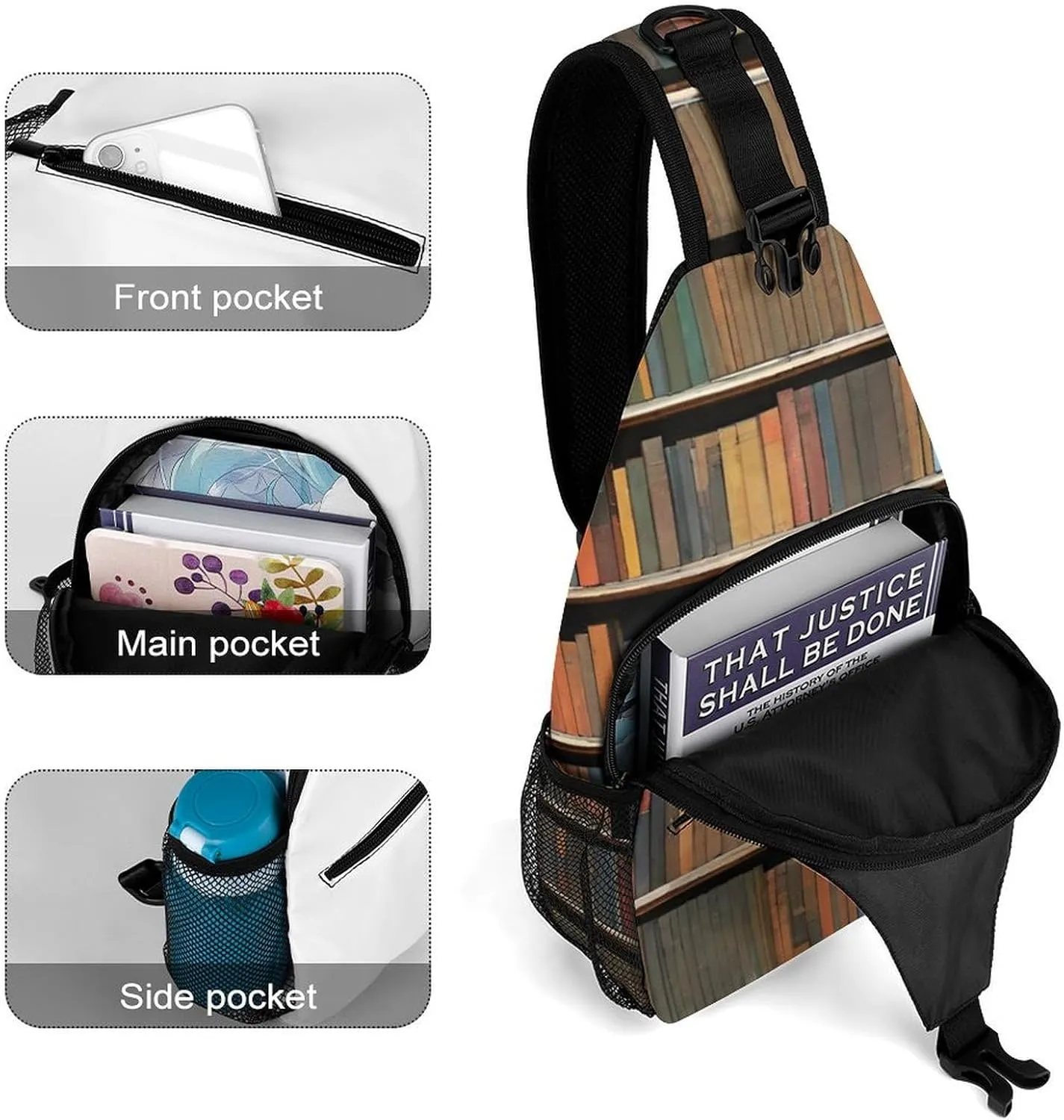 Ultra Lightweight Sling Bag Backpack Shoulder Crossbody Chest Pack Anti-Theft Multipurpose Bag for Outdoor Cycling Hiking Travel (Books Bookshelf Art)