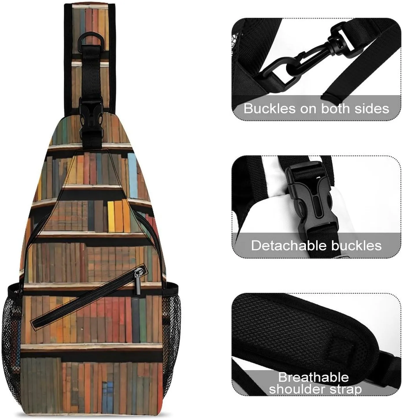 Ultra Lightweight Sling Bag Backpack Shoulder Crossbody Chest Pack Anti-Theft Multipurpose Bag for Outdoor Cycling Hiking Travel (Books Bookshelf Art)