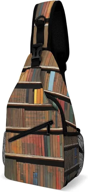 Ultra Lightweight Sling Bag Backpack Shoulder Crossbody Chest Pack Anti-Theft Multipurpose Bag for Outdoor Cycling Hiking Travel (Books Bookshelf Art)