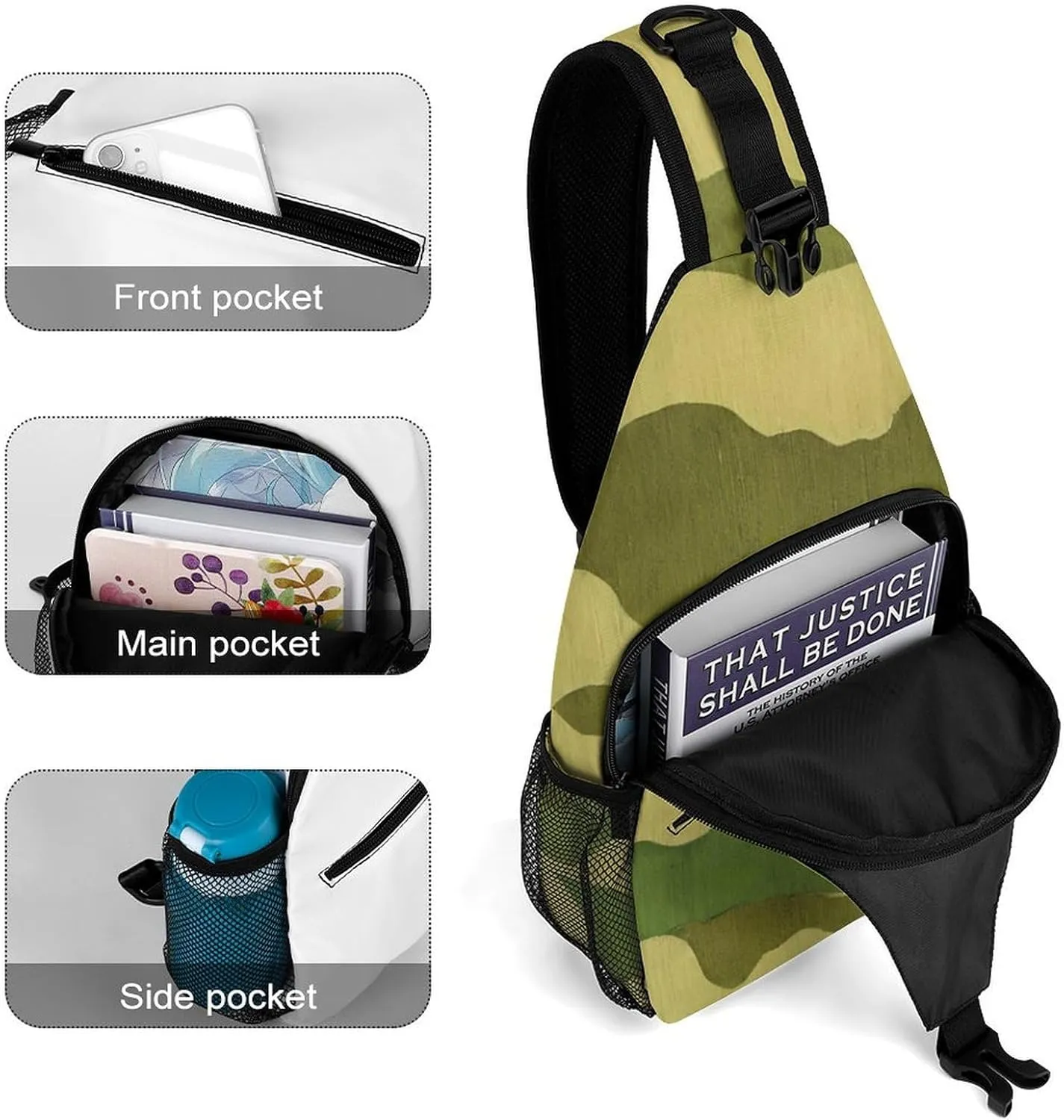 Ultra Lightweight Sling Shoulder Backpack Shoulder Chest Crossbody Bag Multipurpose Anti-Theft Daypack for Hiking Cycling Camping Travel, Army Camouflage 3D Print Bookbag