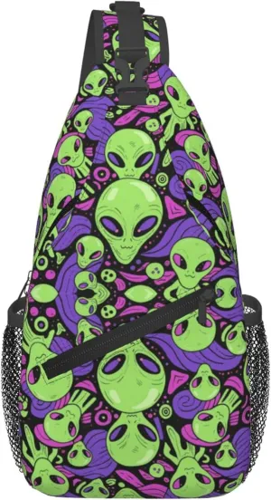 Ultra Lightweight Sling Shoulder Backpack Shoulder Crossbody Bag Chest Pack Multipurpose Anti-Theft Daypack for Outdoors Camping Hiking Trekking, Aliens Faces Alien 90S Style Art