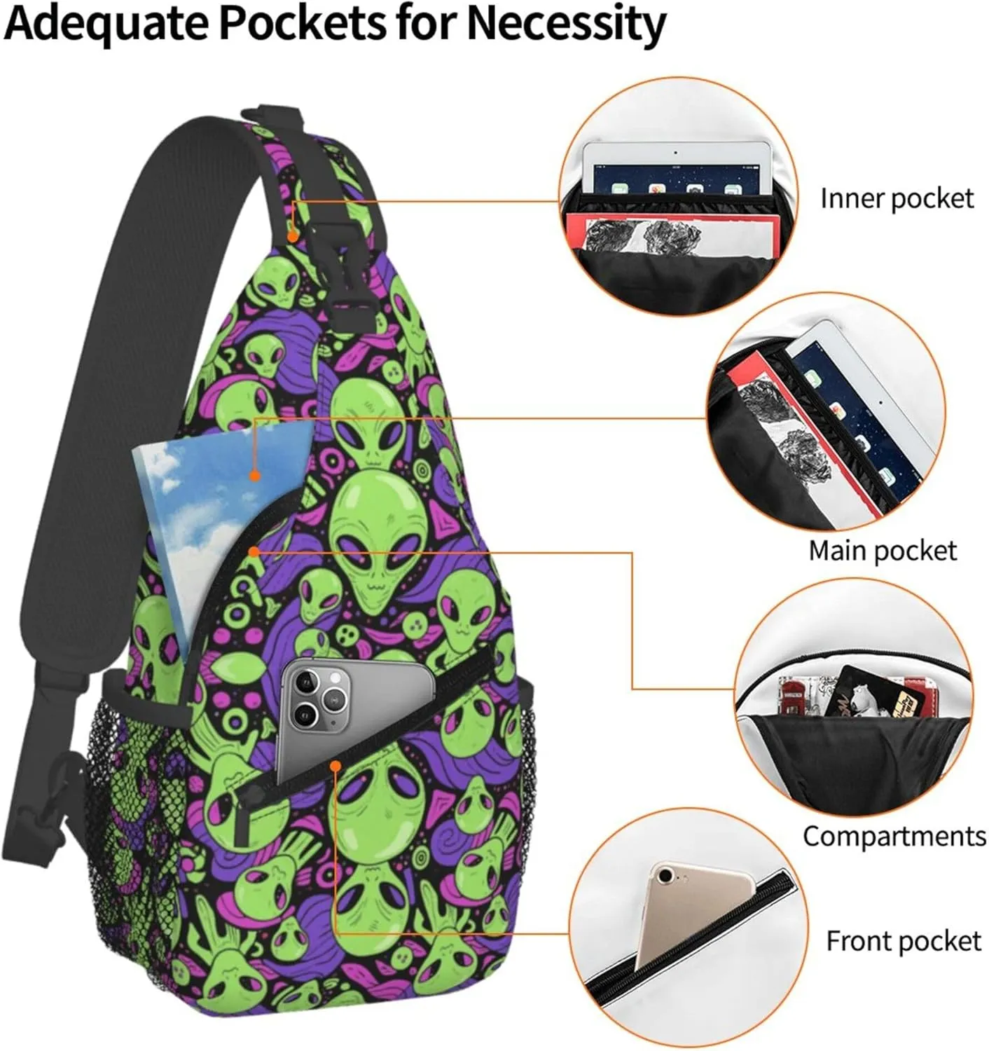 Ultra Lightweight Sling Shoulder Backpack Shoulder Crossbody Bag Chest Pack Multipurpose Anti-Theft Daypack for Outdoors Camping Hiking Trekking, Aliens Faces Alien 90S Style Art