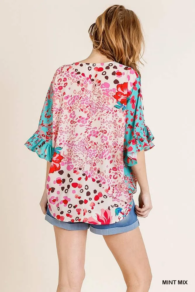Umgee Women's Floral Animal Mixed Print Crossbody Top