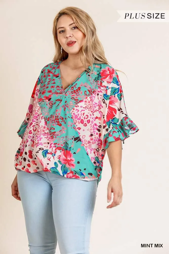 Umgee Women's Floral Animal Mixed Print Crossbody Top