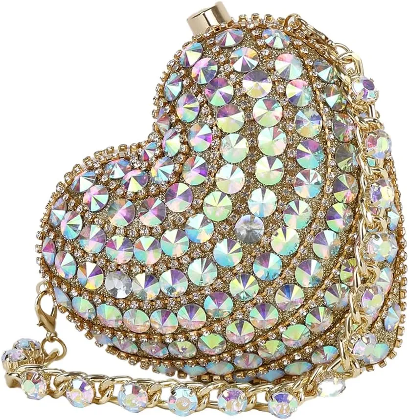 UMREN Cute Heart Shaped Clutch Sparkly Rhinestone Evening Bag Mini Love Heat Crystal Handbag Chain Shoulder Bag Wedding Purse