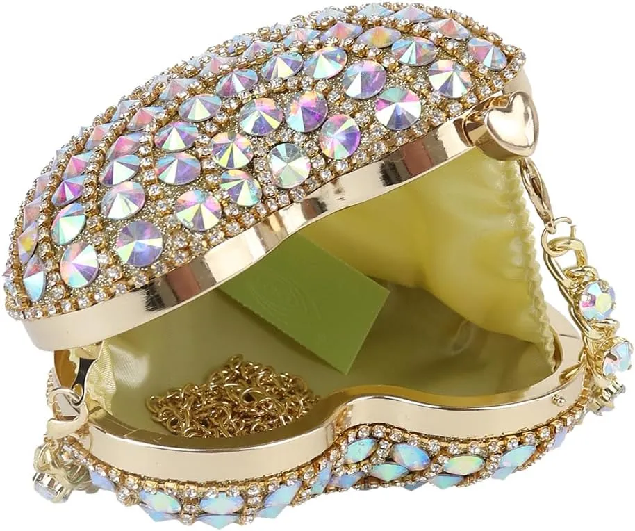 UMREN Cute Heart Shaped Clutch Sparkly Rhinestone Evening Bag Mini Love Heat Crystal Handbag Chain Shoulder Bag Wedding Purse