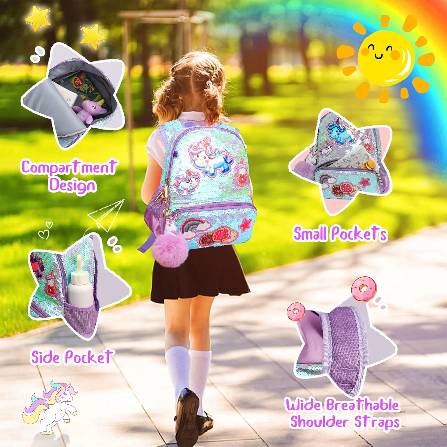Unicorn Sequins Backpack for Girls,Toddler Kids Schoolbag,Bookbag for Kindergarten Elementary,Gift for Birthday Xmas.
