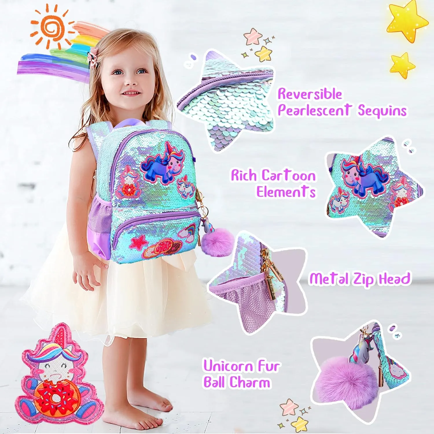 Unicorn Sequins Backpack for Girls,Toddler Kids Schoolbag,Bookbag for Kindergarten Elementary,Gift for Birthday Xmas.