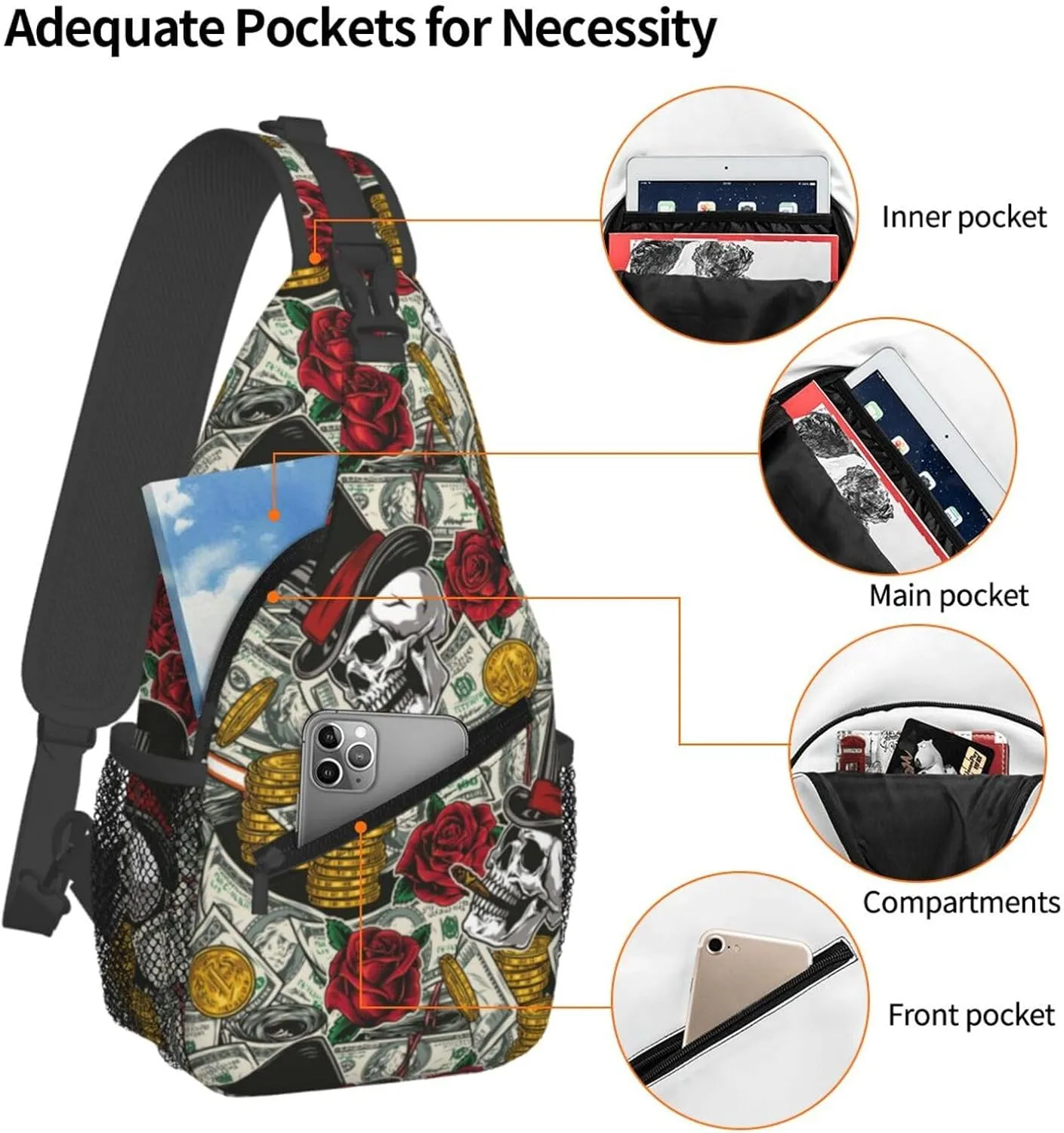 Us Bill Dollars Money Sling Backpack Chest Bag Crossbody Shoulder Bag Gym Cycling Travel Hiking Daypack For Men Women