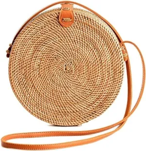 Utama Bali Round Rattan Bag - Brown Circle Crossbody (Brown) - Handmade Straw Bags - Wicker Purse