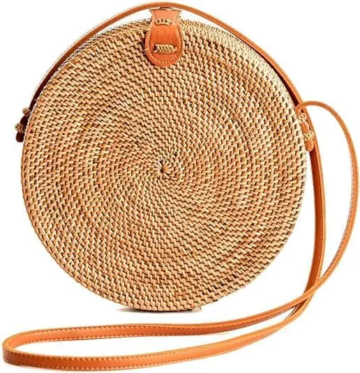 Utama Bali Round Rattan Bag - Brown Circle Crossbody (Brown) - Handmade Straw Bags - Wicker Purse
