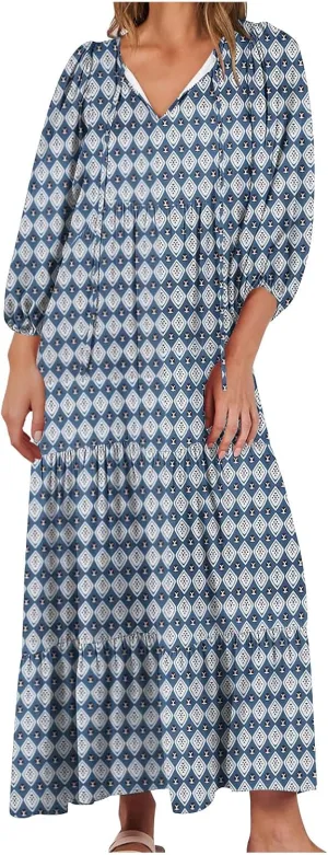 Vacation Dresses for Women 2024 Trendy 3/4 Sleeve Tie V Neck Tiered Ruffle Maxi Dress Causal Loose Long Sleeve Dress