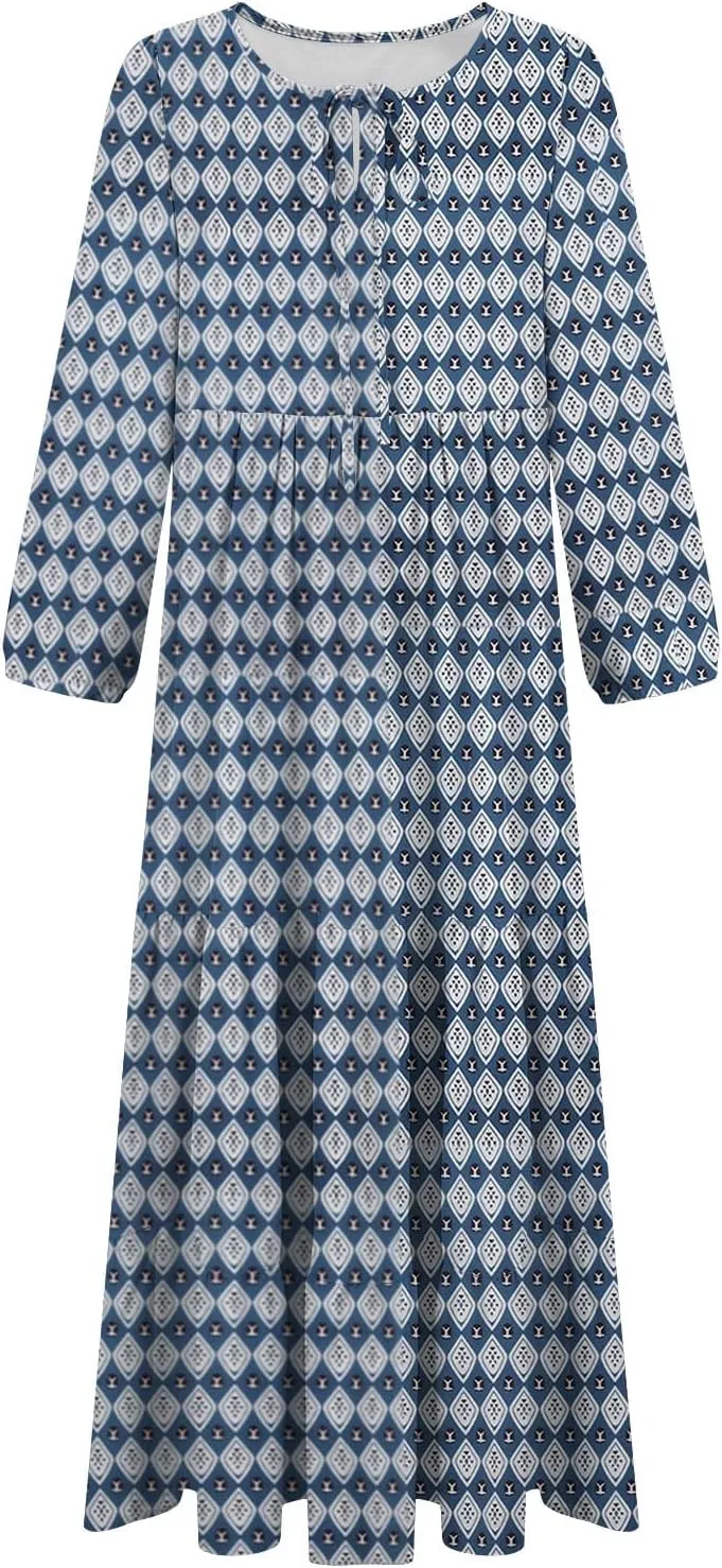 Vacation Dresses for Women 2024 Trendy 3/4 Sleeve Tie V Neck Tiered Ruffle Maxi Dress Causal Loose Long Sleeve Dress