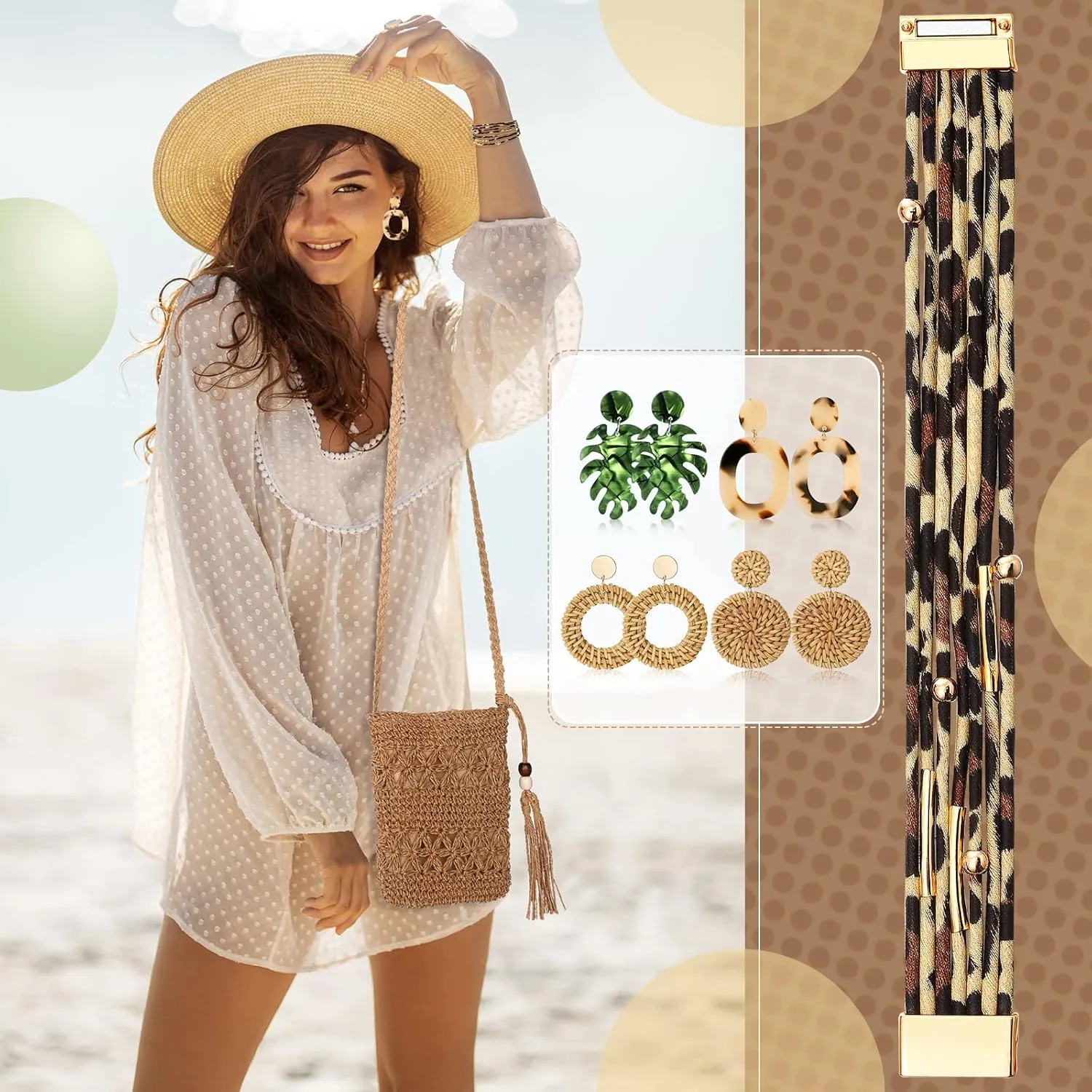 Vacation Purse Set Boho Straw Shoulder Bag Women Crossbody Beach Purse with 4 Rattan Tropical Earrings Leopard Bracelet