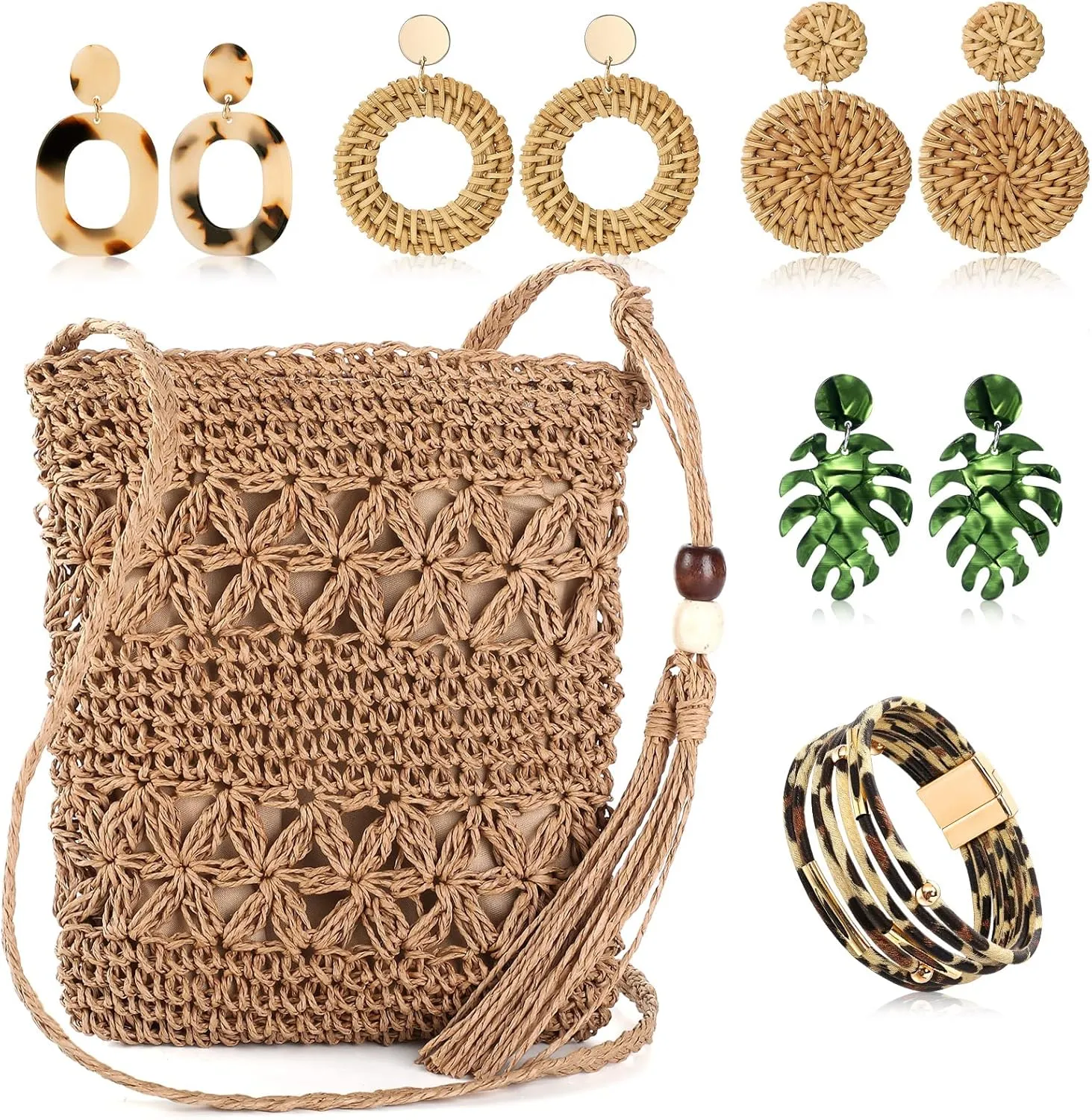 Vacation Purse Set Boho Straw Shoulder Bag Women Crossbody Beach Purse with 4 Rattan Tropical Earrings Leopard Bracelet