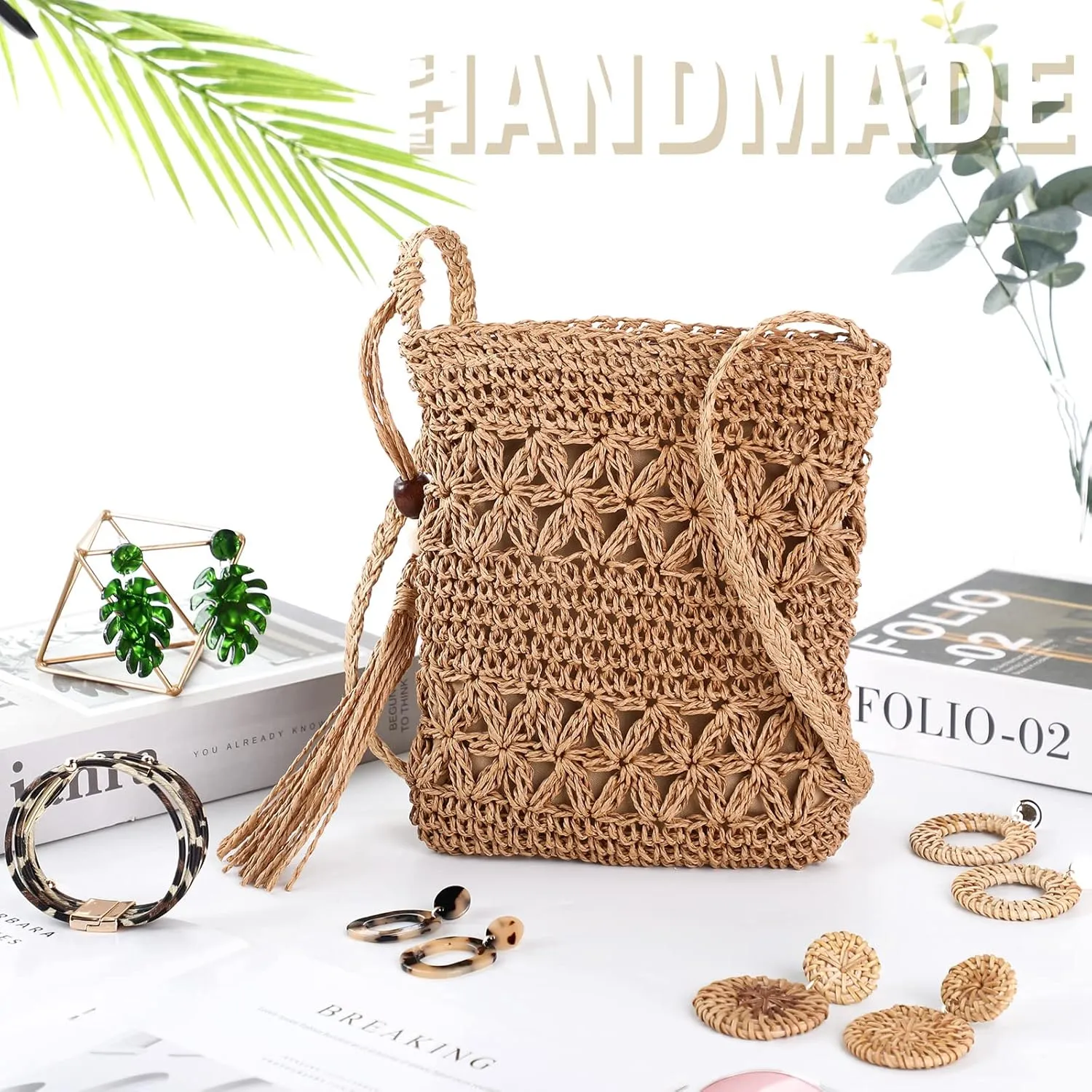 Vacation Purse Set Boho Straw Shoulder Bag Women Crossbody Beach Purse with 4 Rattan Tropical Earrings Leopard Bracelet