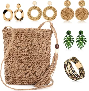 Vacation Purse Set Boho Straw Shoulder Bag Women Crossbody Beach Purse with 4 Rattan Tropical Earrings Leopard Bracelet