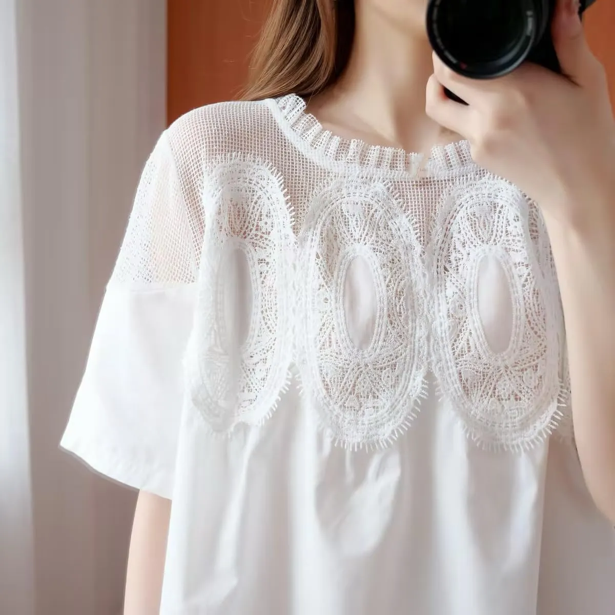 VAOYIU Women Crochet Lace Mini Dress Round Neck Short Sleeve Sheer Mesh Clothing Casual Outfits with Lace Back Design