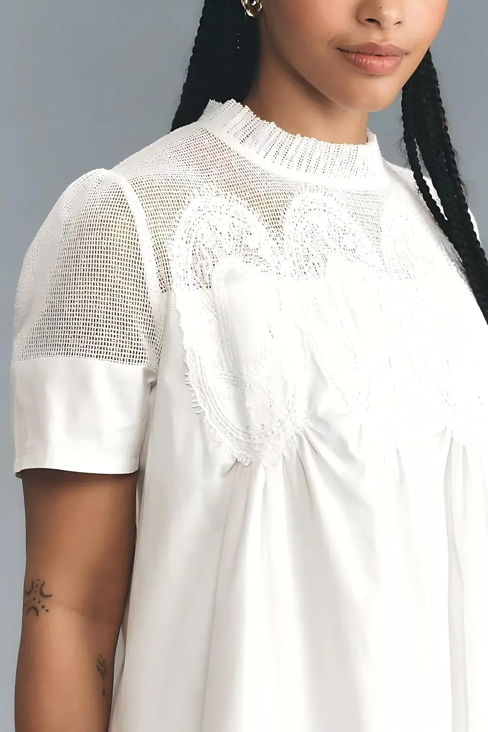 VAOYIU Women Crochet Lace Mini Dress Round Neck Short Sleeve Sheer Mesh Clothing Casual Outfits with Lace Back Design