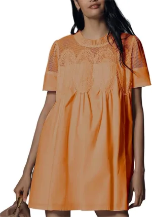 VAOYIU Women Crochet Lace Mini Dress Round Neck Short Sleeve Sheer Mesh Clothing Casual Outfits with Lace Back Design