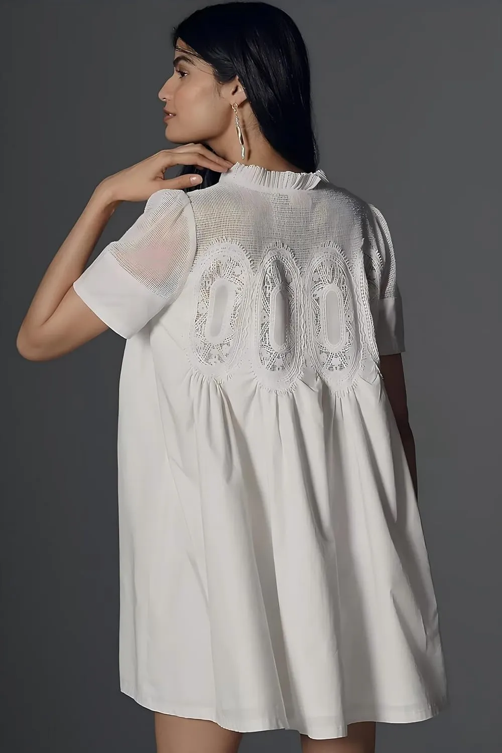 VAOYIU Women Crochet Lace Mini Dress Round Neck Short Sleeve Sheer Mesh Clothing Casual Outfits with Lace Back Design