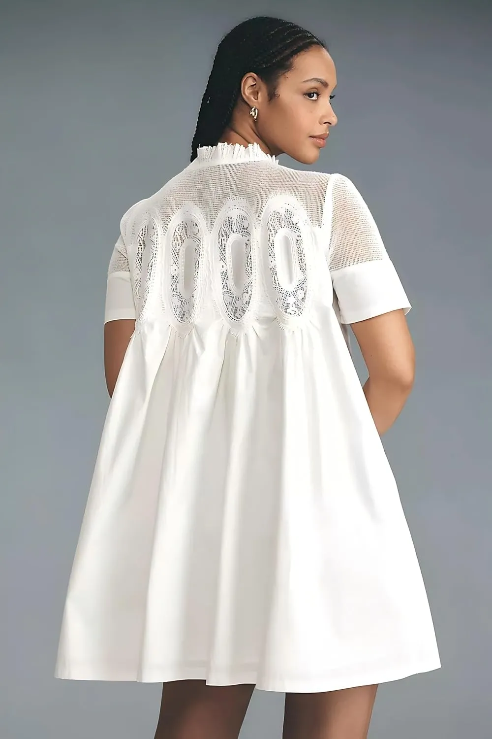 VAOYIU Women Crochet Lace Mini Dress Round Neck Short Sleeve Sheer Mesh Clothing Casual Outfits with Lace Back Design