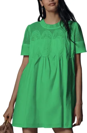 VAOYIU Women Crochet Lace Mini Dress Round Neck Short Sleeve Sheer Mesh Clothing Casual Outfits with Lace Back Design