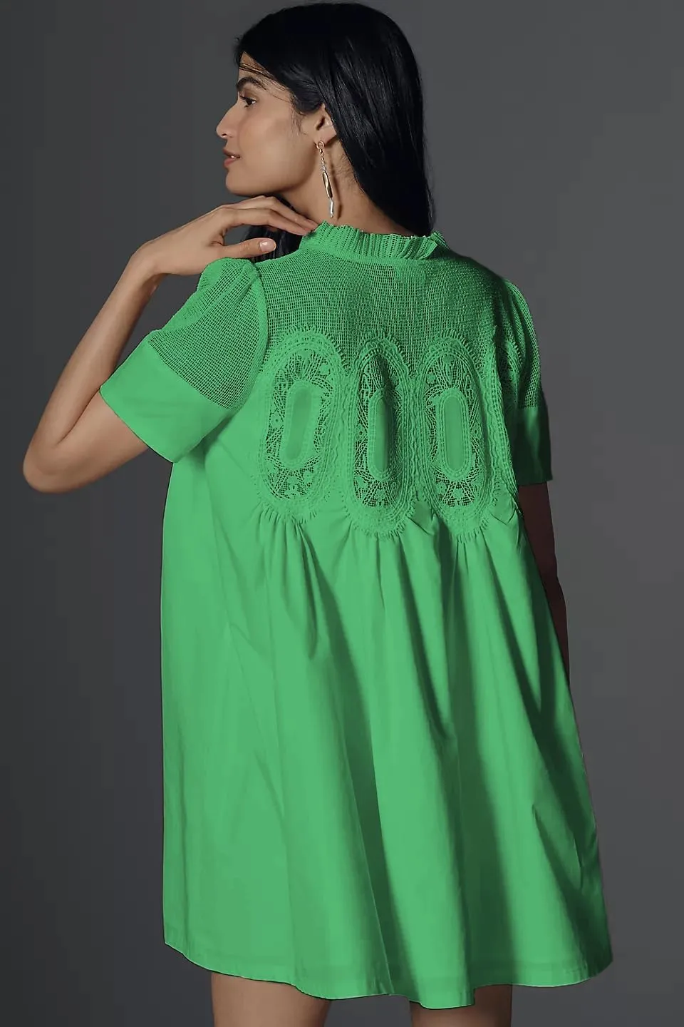 VAOYIU Women Crochet Lace Mini Dress Round Neck Short Sleeve Sheer Mesh Clothing Casual Outfits with Lace Back Design