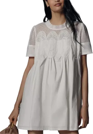 VAOYIU Women Crochet Lace Mini Dress Round Neck Short Sleeve Sheer Mesh Clothing Casual Outfits with Lace Back Design